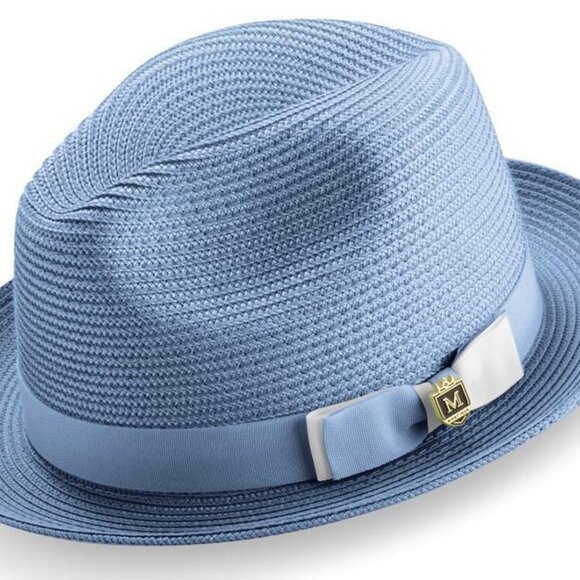 Men Men\'s CAROLINA BLUE Braided Two Tone Stingy Brim Pinch Fedora Hat    H68